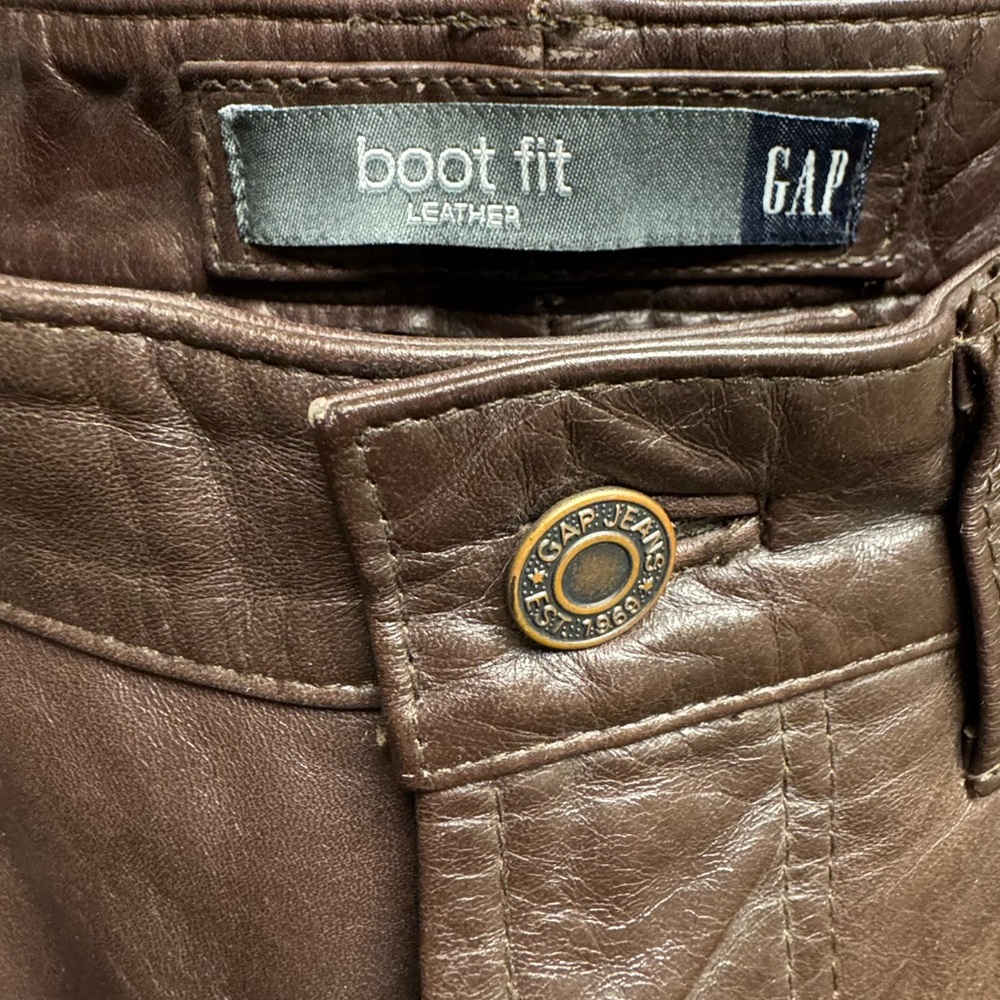 RARE GENUINE Y2K GAP Brown Leather Luxury Weight Fully Lined Jean Cut Pants - Picture 6 of 13